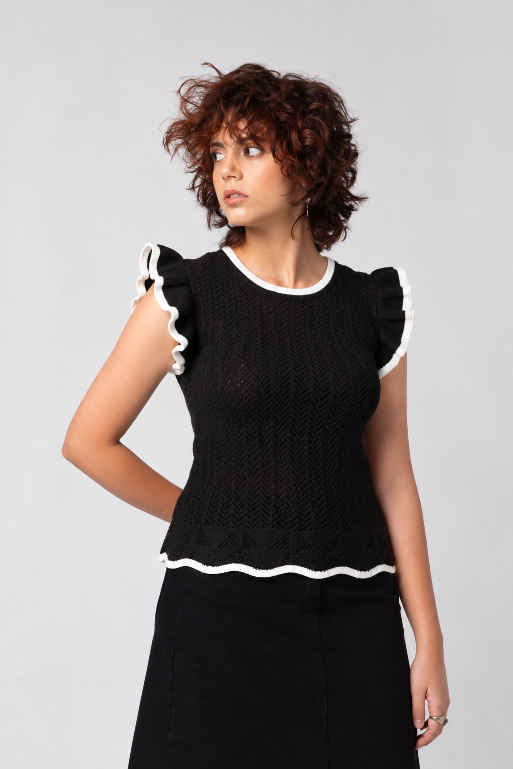 BLACK POINTELLE SWEATER TOP