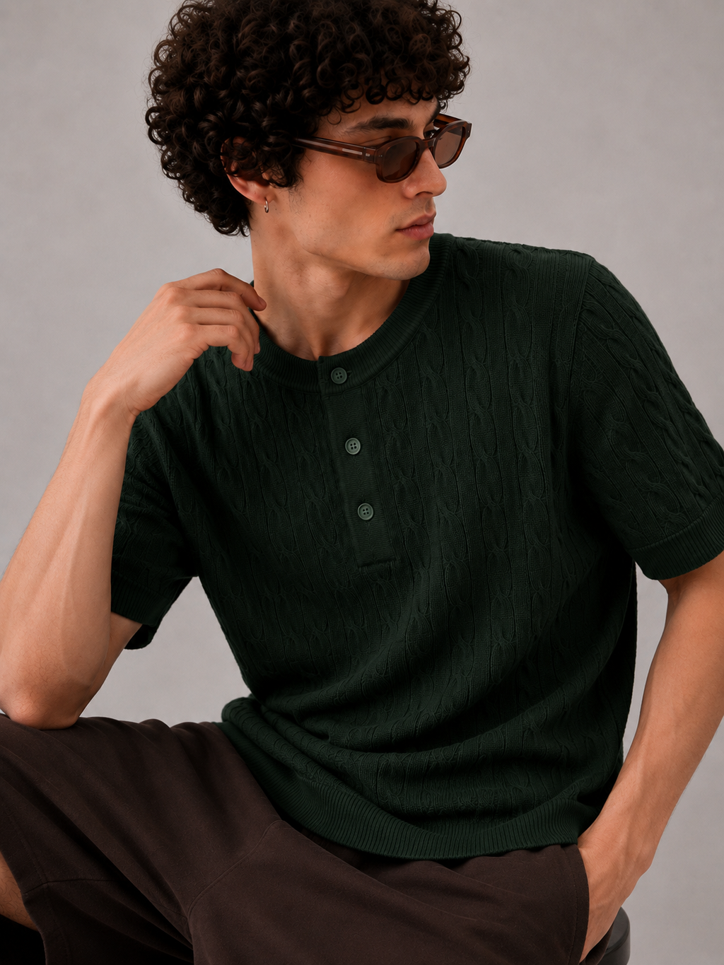 GREEN CABLE KNIT HENLEY