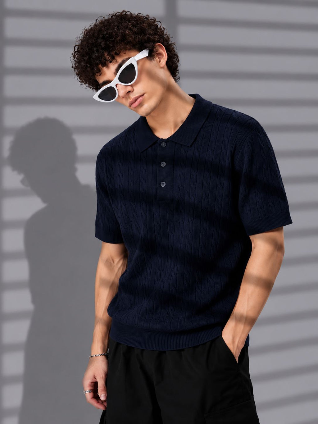 NAVY HERITAGE CABLE KNIT POLO