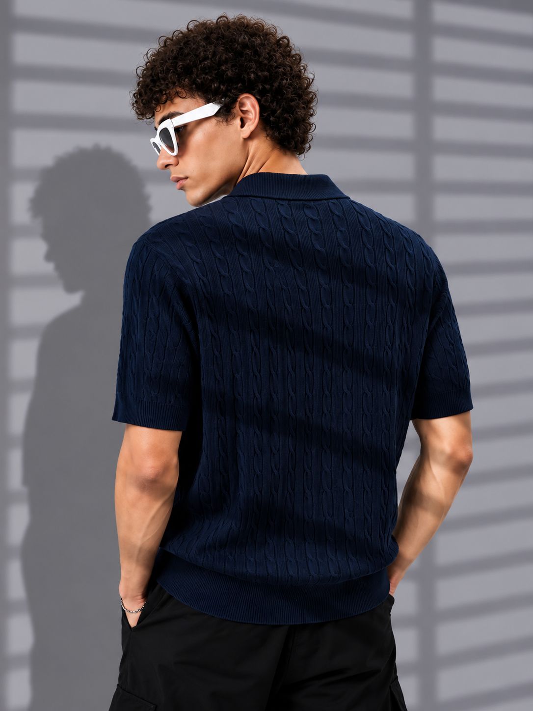 NAVY HERITAGE CABLE KNIT POLO