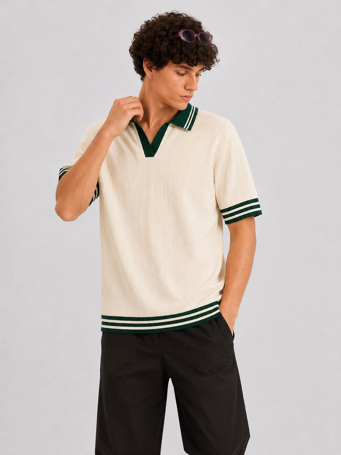CREAM DROP NEEDLE KNIT POLO