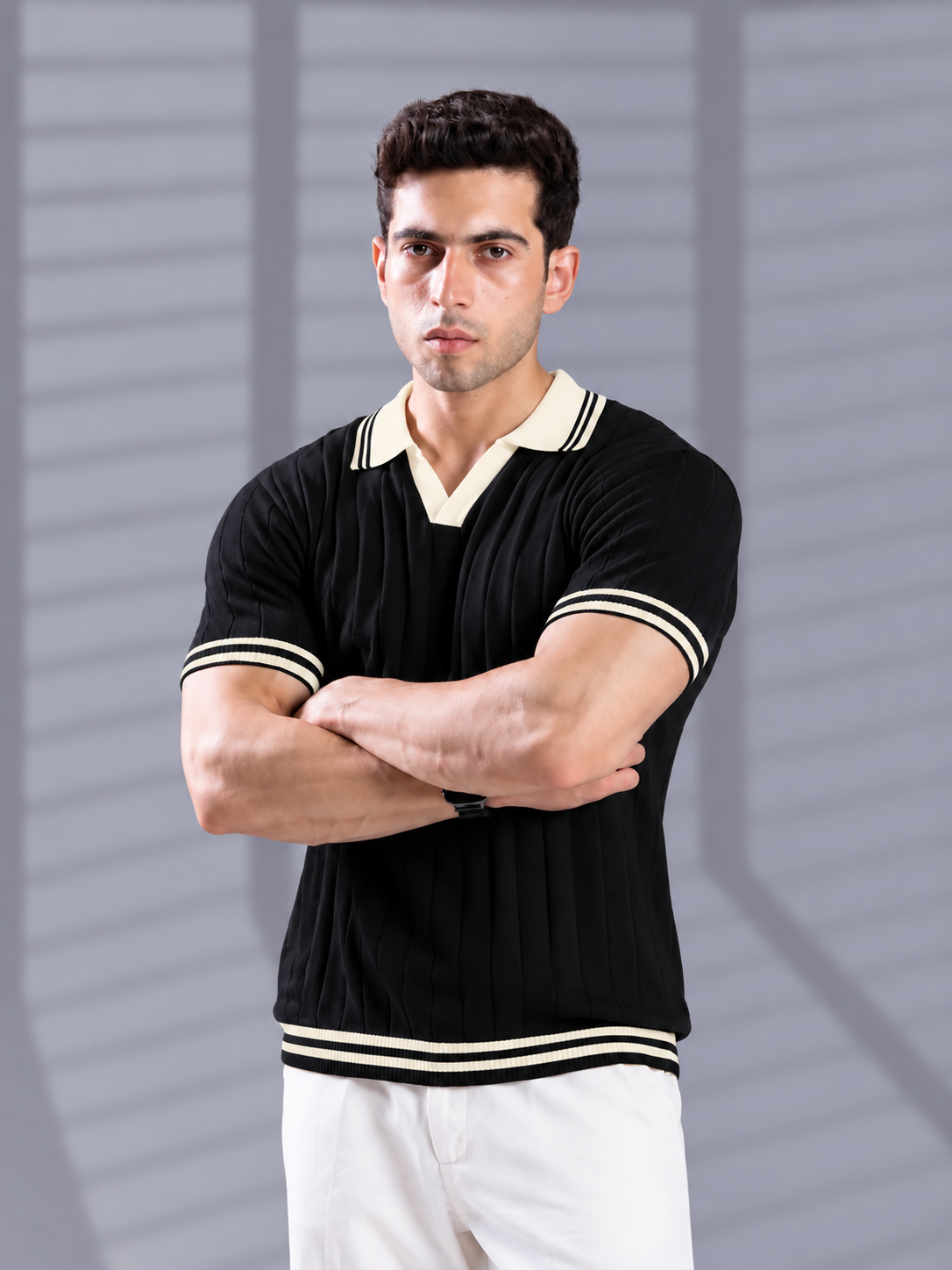 BLACK DROP NEEDLE KNIT POLO