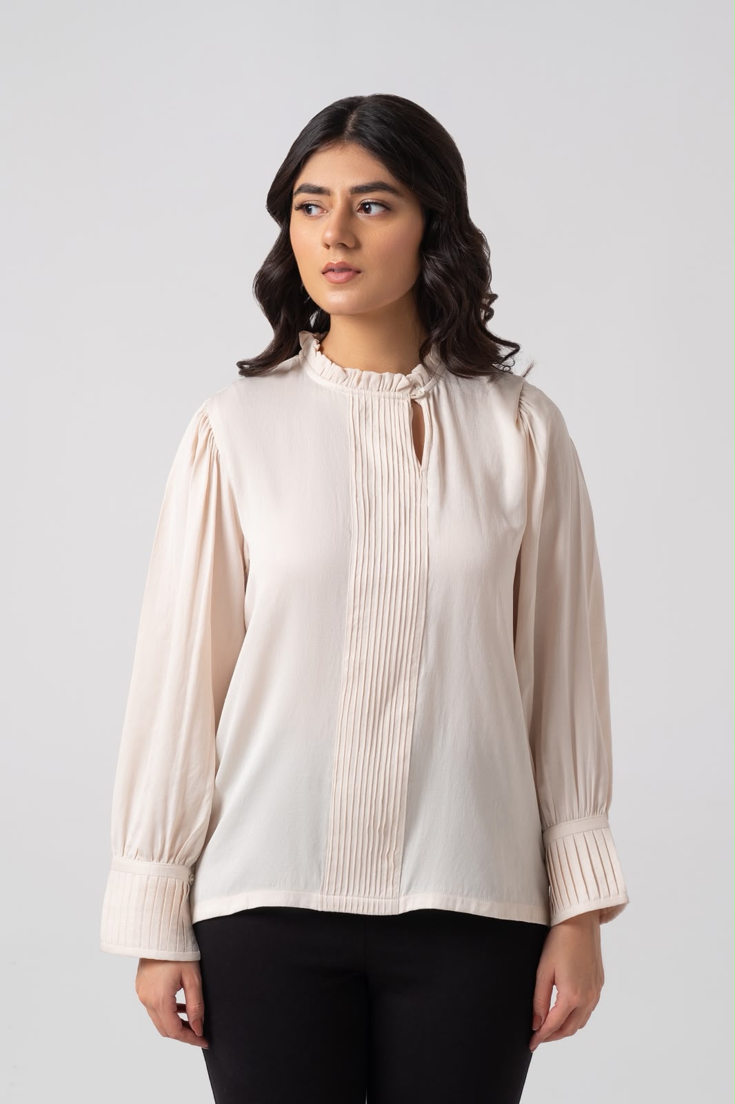 CREAM PLEATED COTTON SILK SHIRT