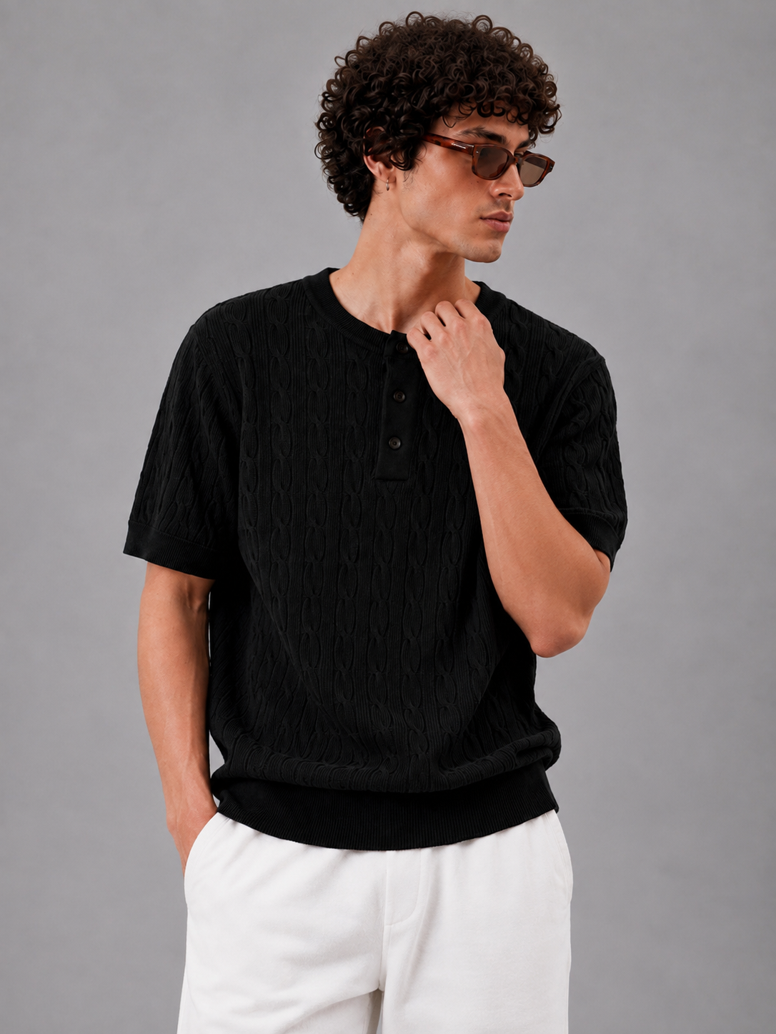 BLACK CABLE KNIT HENLEY