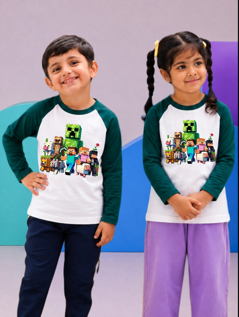 JUNIOR - DARK GREEN WHITE MINECRAFT FLOWER RAGLAN