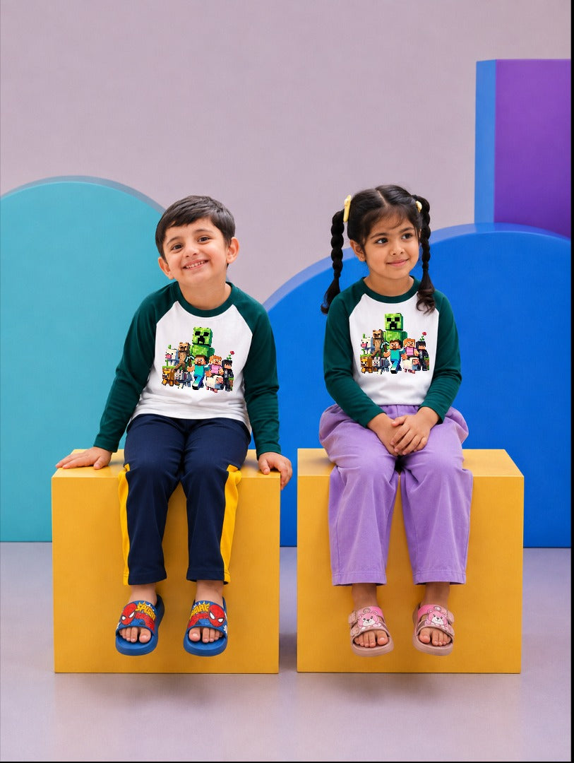 JUNIOR - DARK GREEN WHITE MINECRAFT FLOWER RAGLAN