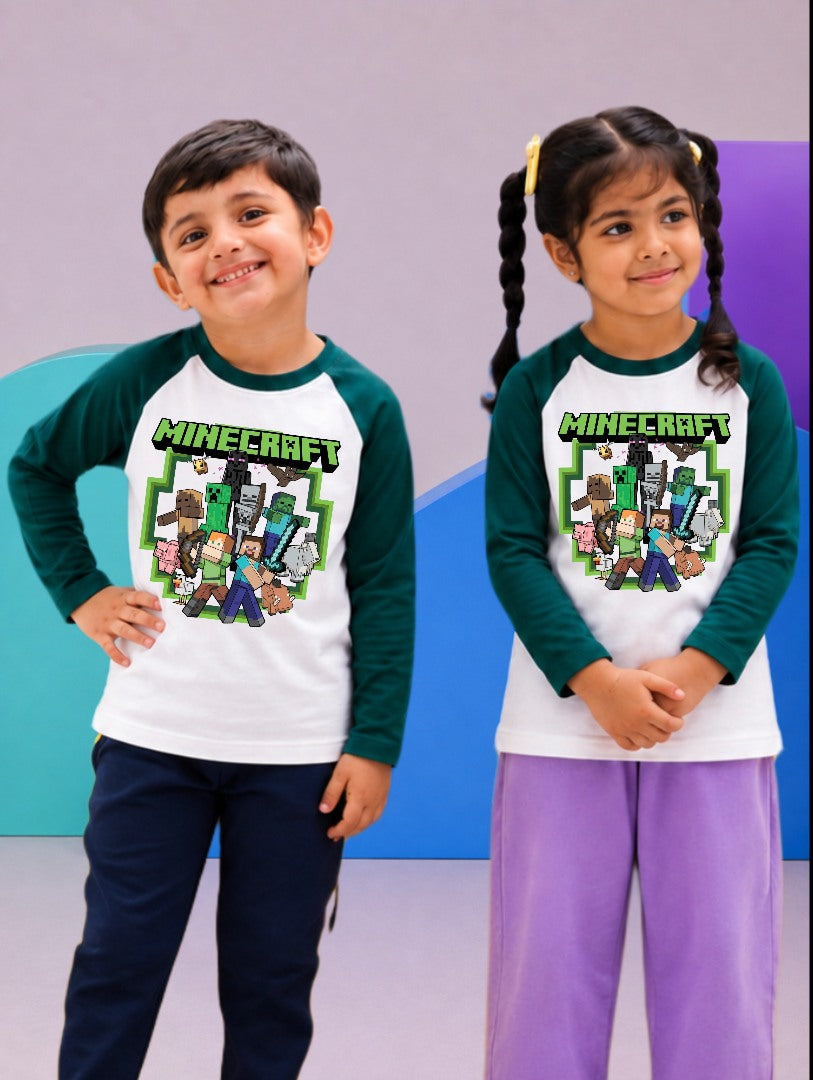 JUNIOR - DARK GREEN WHITE MINECRAFT CHARACTERS RAGLAN