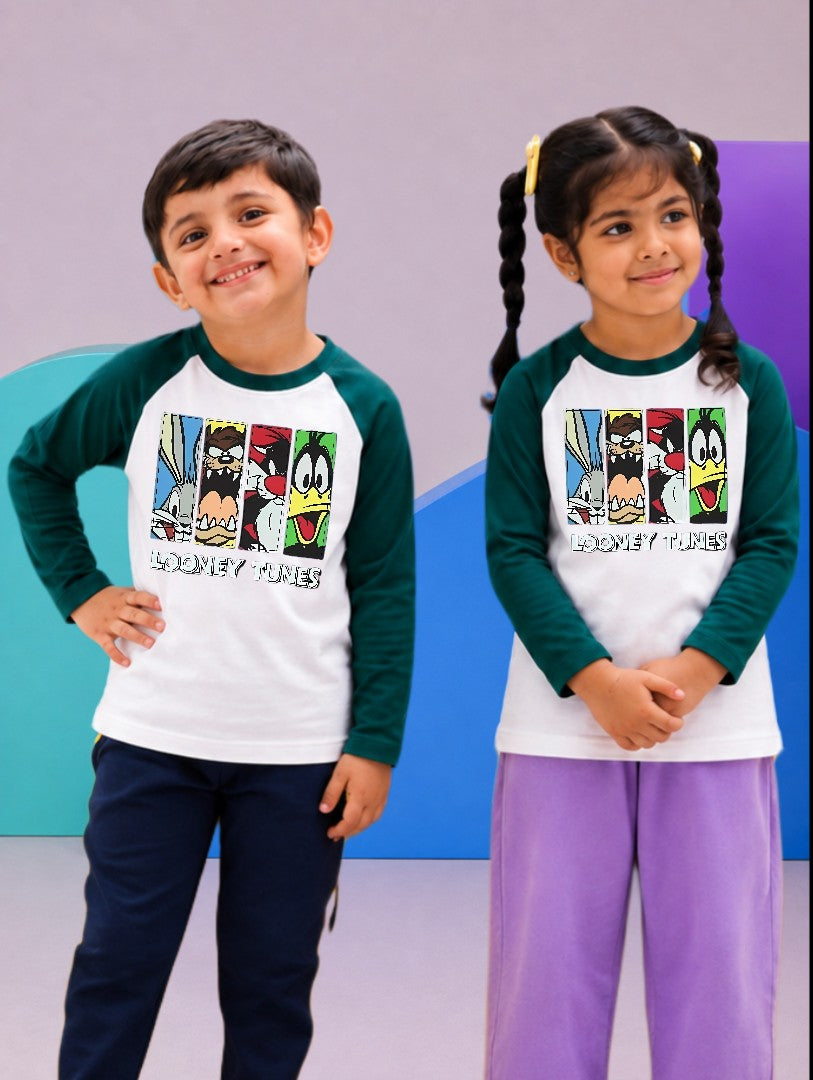 JUNIOR - DARK GREEN WHITE LOONEY TUNES FAMILY RAGLAN