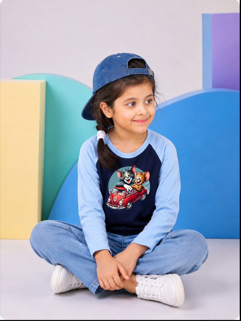 JUNIOR - SKY NAVY TOM & JERRY IN CAR RAGLAN