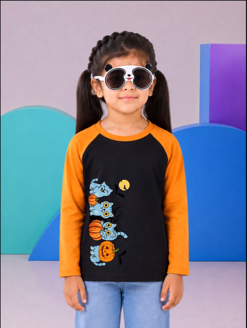 JUNIOR - ORANGE BLACK DERPY CAT PUMPKIN RAGLAN