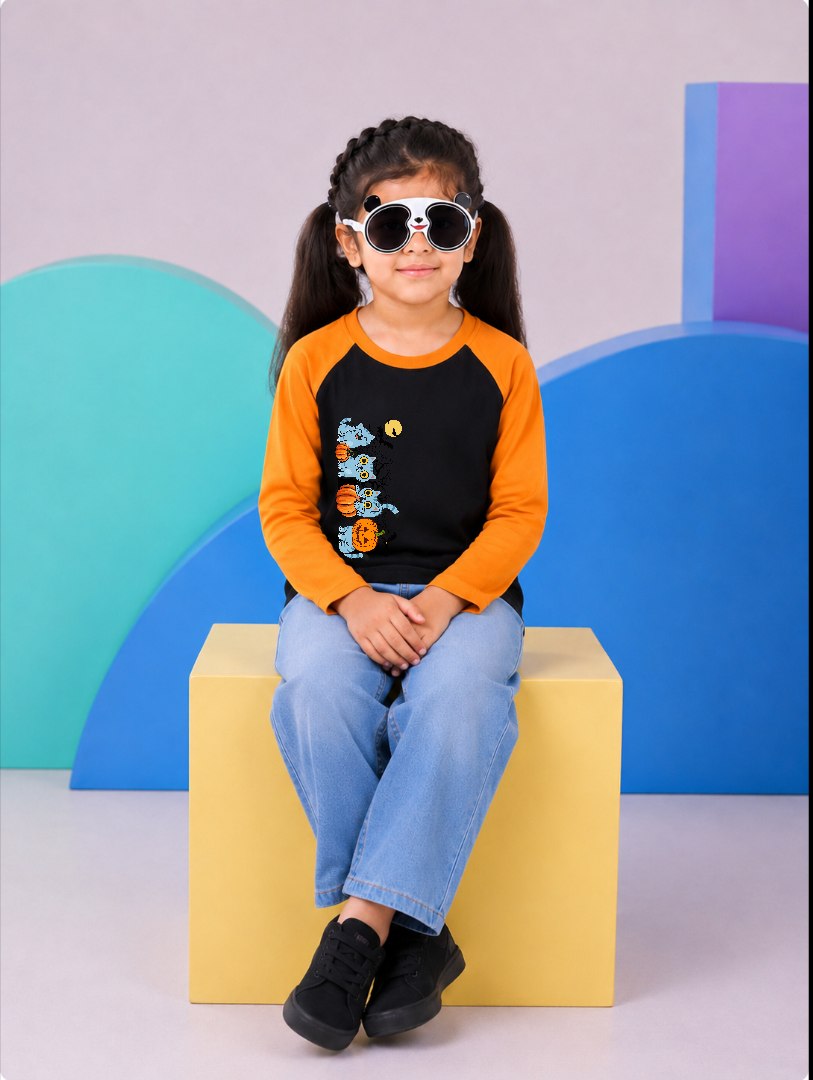 JUNIOR - ORANGE BLACK DERPY CAT PUMPKIN RAGLAN