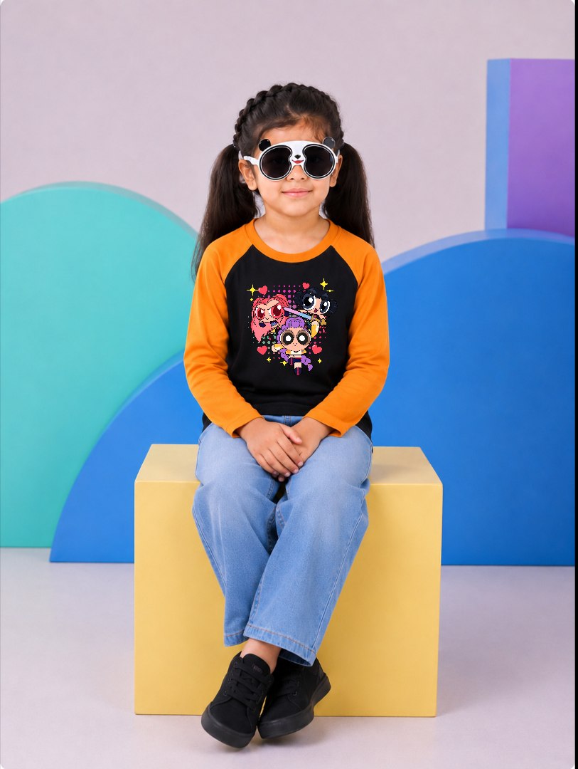 JUNIOR - ORANGE BLACK POWER PUFF GIRLS RAGLAN