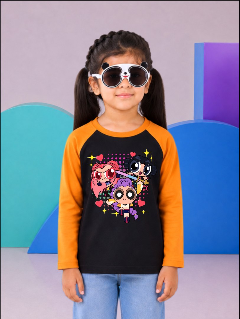 JUNIOR - ORANGE BLACK POWER PUFF GIRLS RAGLAN