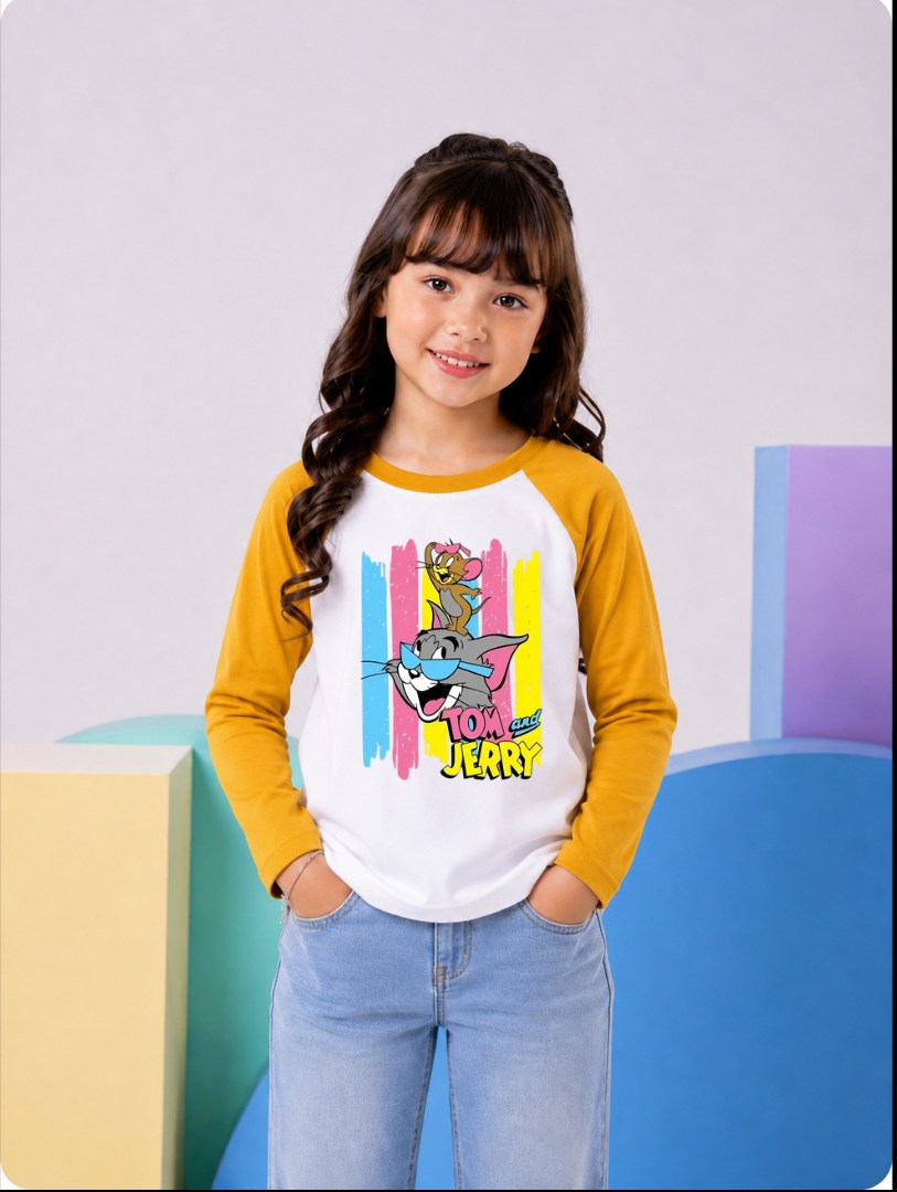 JUNIOR - MUSTARD WHITE MULTI LINES TOM & JERRY RAGLAN
