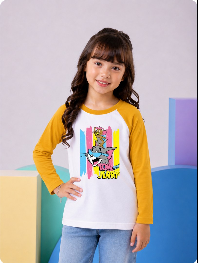 JUNIOR - MUSTARD WHITE MULTI LINES TOM & JERRY RAGLAN