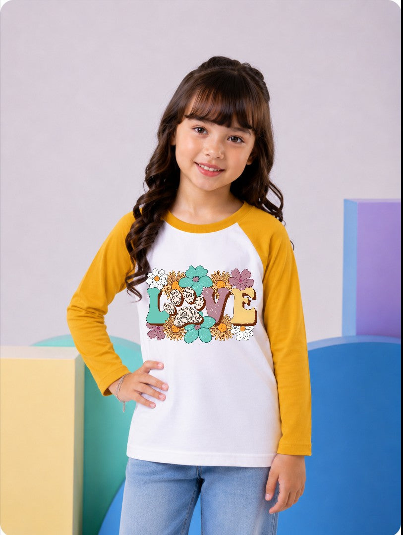 JUNIOR - MUSTARD WHITE LOVE FLOWERS RAGLAN
