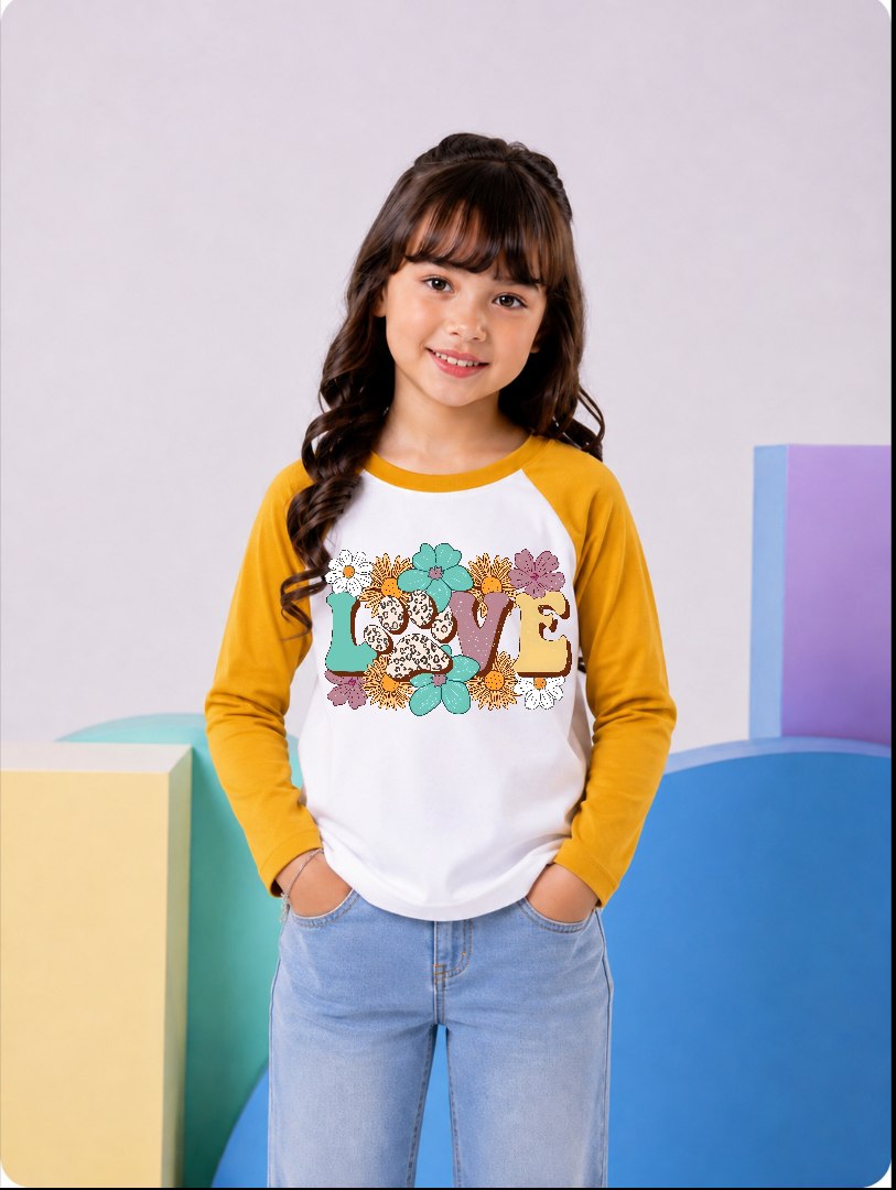 JUNIOR - MUSTARD WHITE LOVE FLOWERS RAGLAN