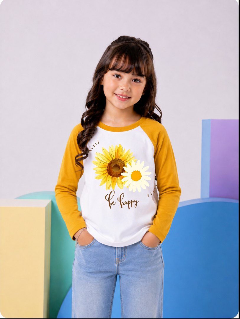 JUNIOR - MUSTARD WHITE BE HAPPY FLOWER RAGLAN