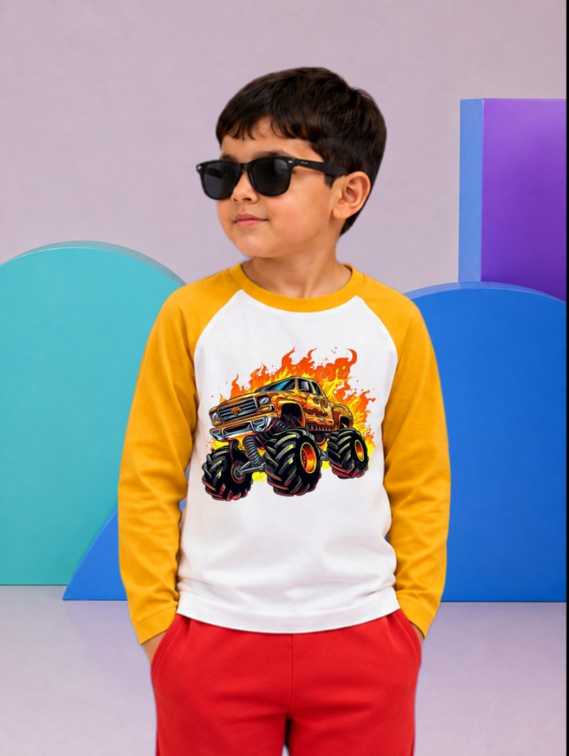JUNIOR - MUSTARD WHITE MONSTER TRUCK RAGLAN