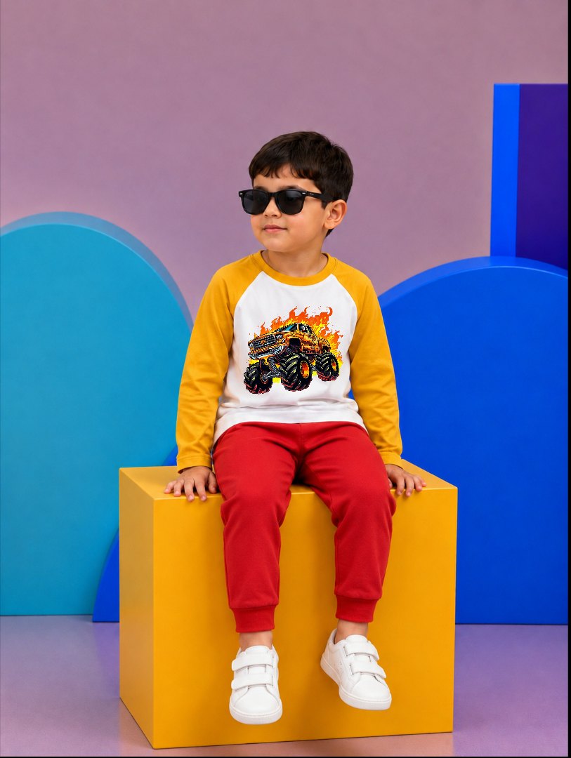 JUNIOR - MUSTARD WHITE MONSTER TRUCK RAGLAN